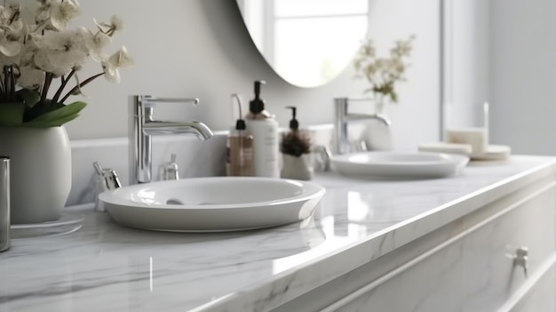 Photo luxury bathroom interior with white marble countertop and golden sinkgenerative ai