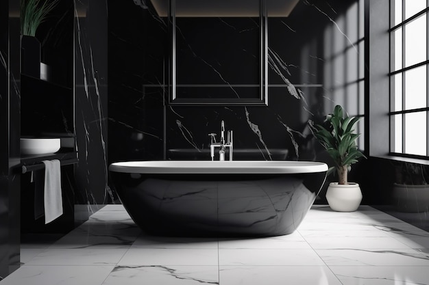 Luxury bathroom with window Modern big black bathtub and marble tiles Generative AI