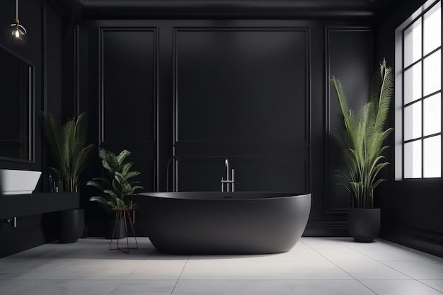 Luxury bathroom with window Modern big matte black bathtub and concrete tiles AI