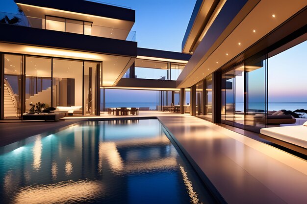 Photo luxury beach house with a sea view swimming pool and terrace in modern design night time cool lights