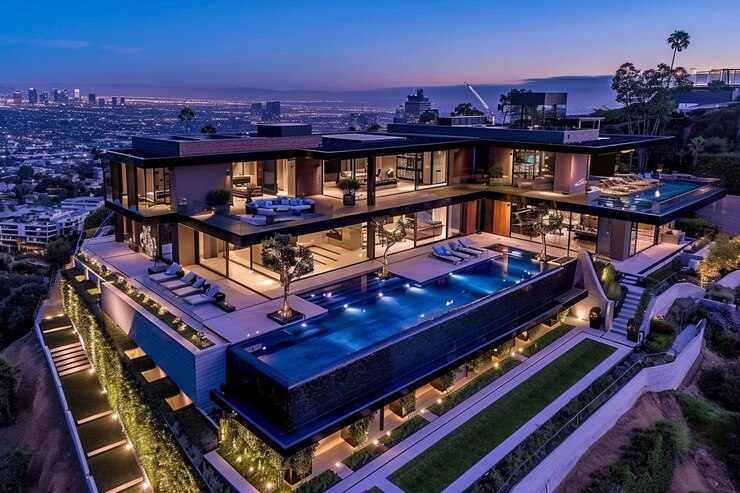 Photo luxury beach house with a sea view swimming pool and terrace in modern design night time cool lights