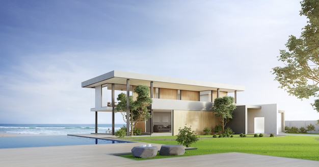 Casa sulla spiaggia di lusso con piscina vista mare e terrazza dal design moderno.