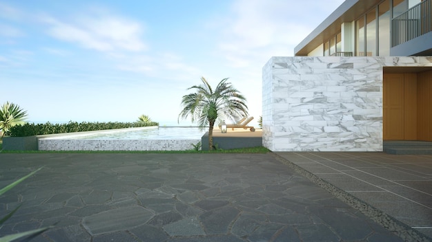 현대적인 디자인의 바다 전망 수영장과 테라스가있는 럭셔리 비치 하우스.