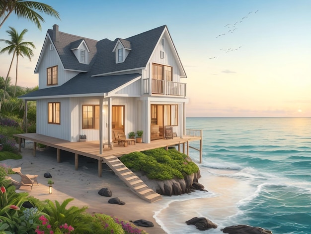 Роскошный пляжный дом с бассейном с видом на море и террасой на отдыхе3d rendering