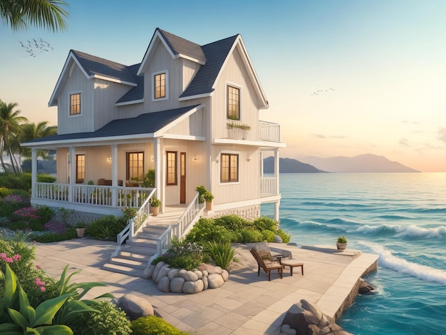 Luxury beach house with sea view swimming pool and terrace at vacation3d rendering