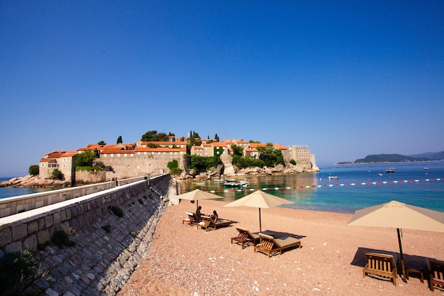 Luxury beach at the St. Stefan, Montenegro. Adriatic Seashore