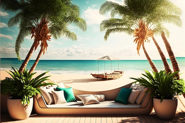 Luxury beach with chillout lounge place for rest next to sea shore under the palm trees Neural network generated art