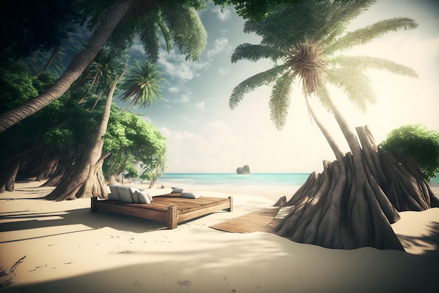 Luxury beach with chillout lounge place for rest next to sea shore under the palm trees neural