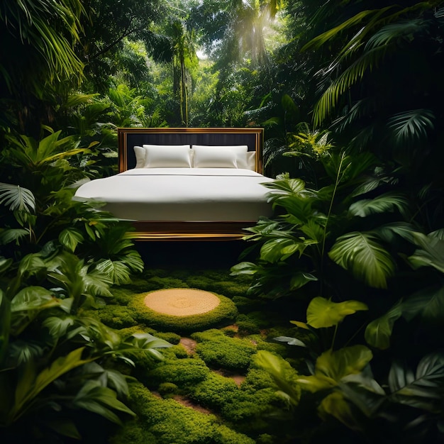 luxury bed in the rainforest Cinematic and the wide meadow daylight generative ai