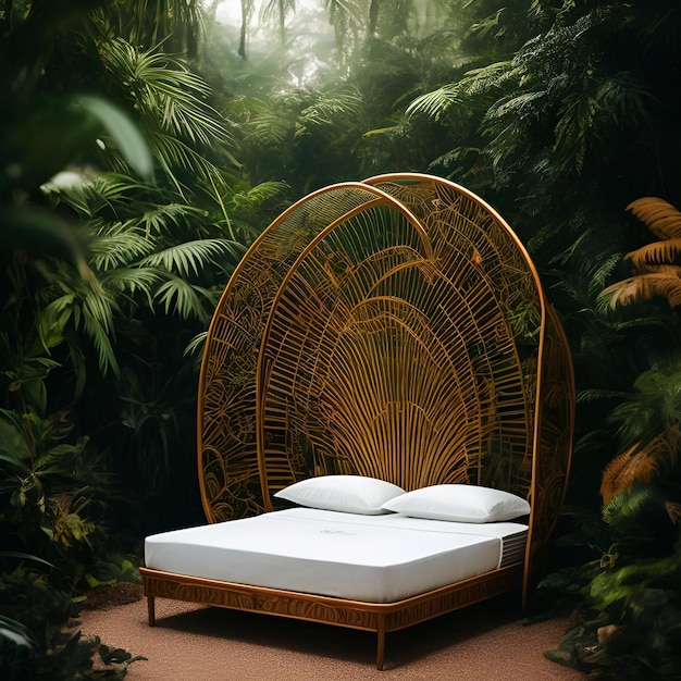 luxury bed in the rainforest Cinematic and the wide meadow daylight generative ai