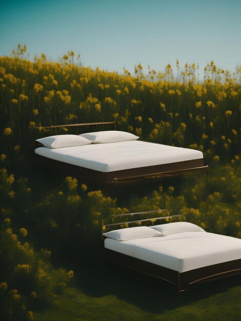 luxury bed in the rainforest Cinematic and the wide meadow daylight generative ai