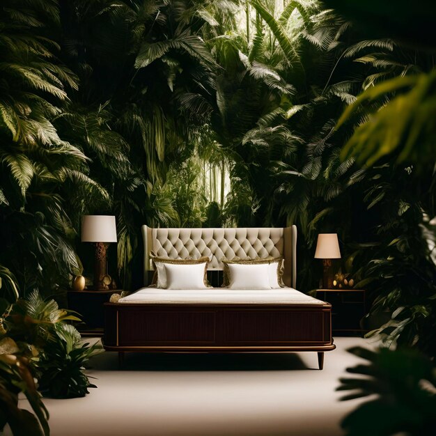 luxury bed in the rainforest Cinematic and the wide meadow daylight generative ai