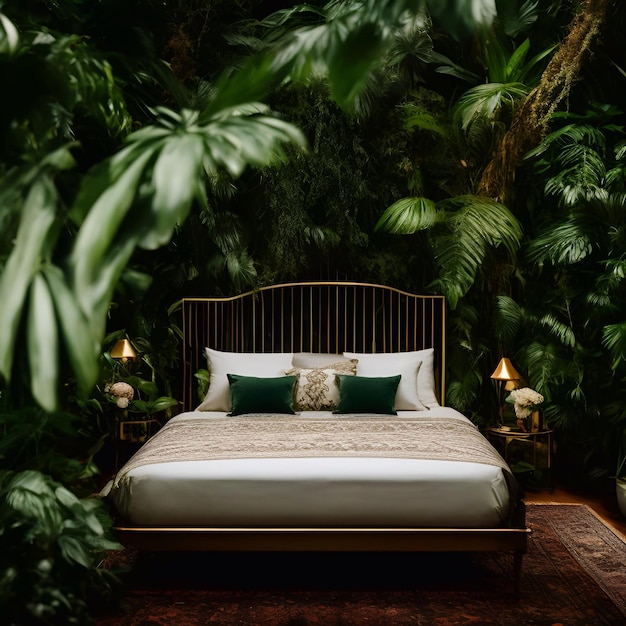 luxury bed in the rainforest Cinematic and the wide meadow daylight generative ai