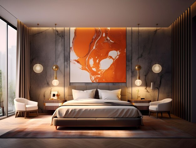 Foto design di camera da letto di lusso con lampade da letto e pittura astratta