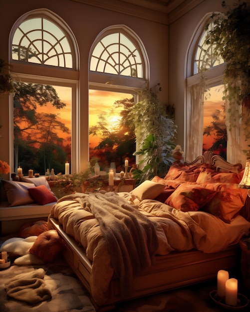 Luxury bedroom interior architecture with autumn theme create using generative AI tools