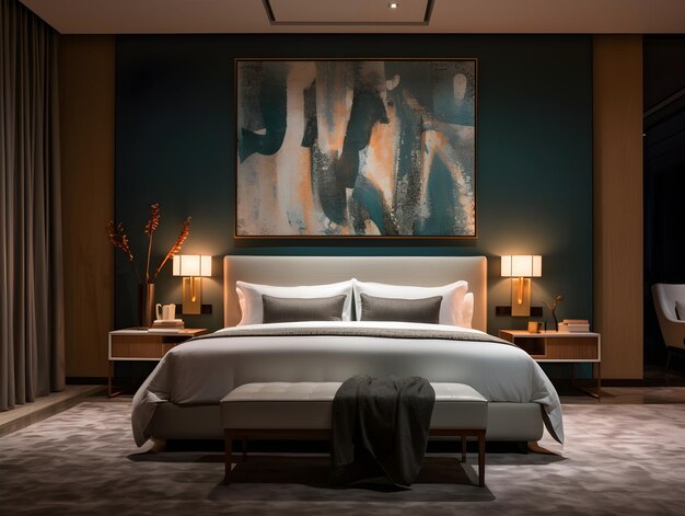 写真 ベッドの抽象的な塗料とランプの豪華なベッドルームインテリアデザイン 3dレンダリング 生成的ai