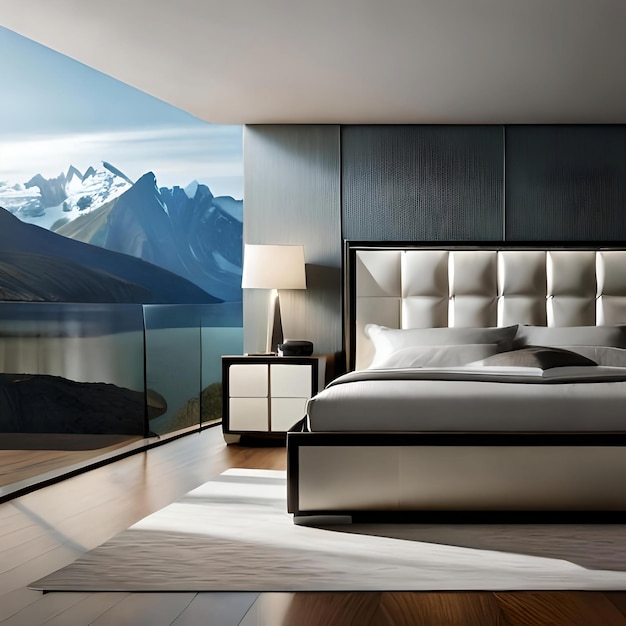 Luxury bedroom interior design with a view of mountains and a lake