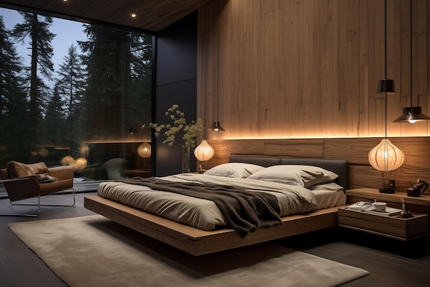 Luxury bedroom interior design with wooden walls and floor