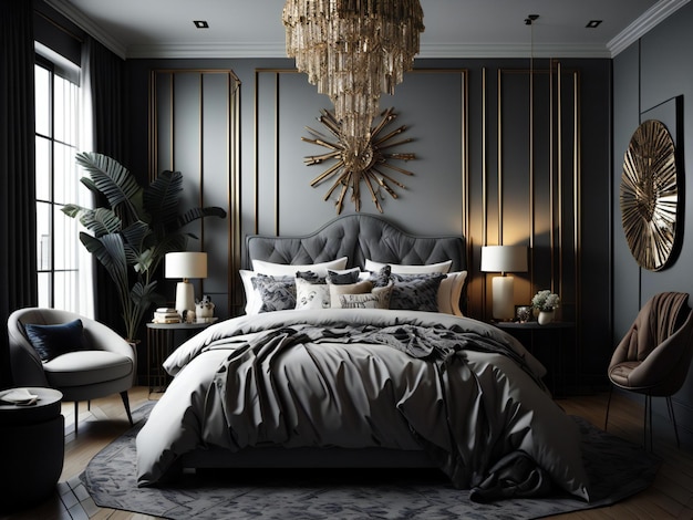 Luxury bedroom interior with black and golden decor generative ai