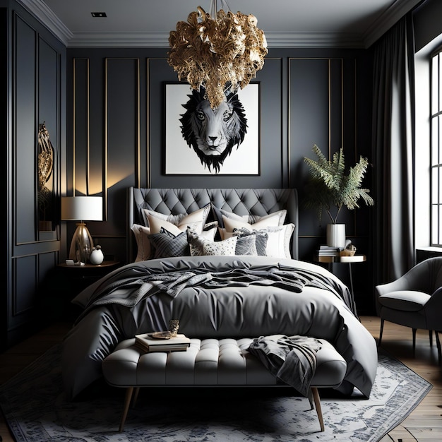 Luxury bedroom interior with black walls wooden floor gray king size bed with black velvet pillows black armchair and golden posters generative ai