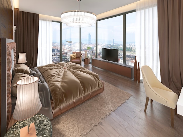 Luxury bedroom interior with fabric bed, dresser and nightstands. 3D rendering