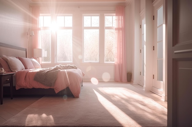 Luxury bedroom interior with pink pillows on the bed and window with sunlight inside the room Generative AI