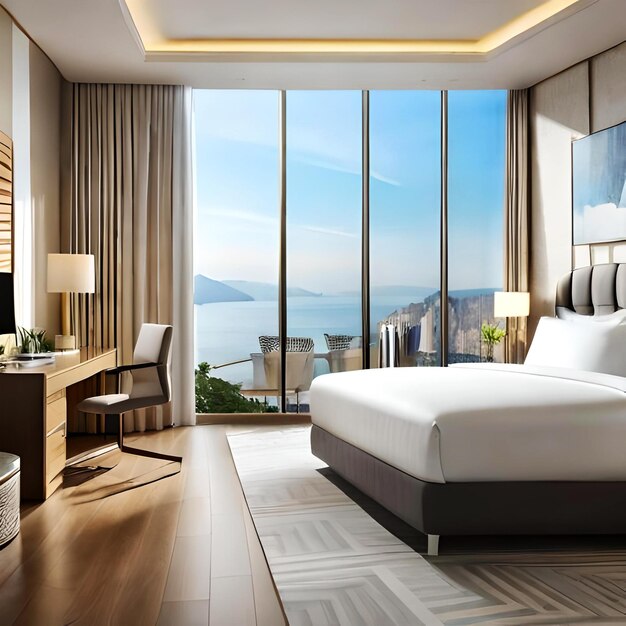 Luxury bedroom suite in resort high rise hotel with working table