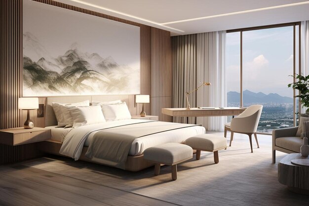 luxury bedroom suite in resort high rise modern hotel with working table