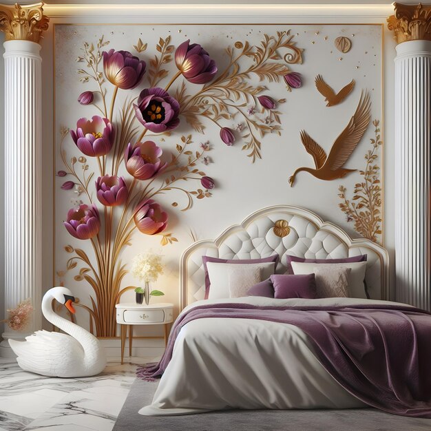 Premium Photo | Luxury bedroom wall tulips swan romantic