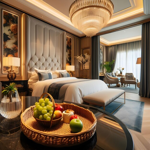 A luxury bedroom with some fruits in the basket on the table