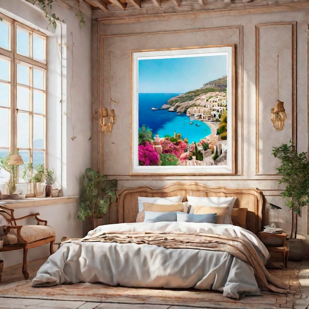 Luxury bedroom with a view of the sea and mountains Beautiful bedroom with a large bed