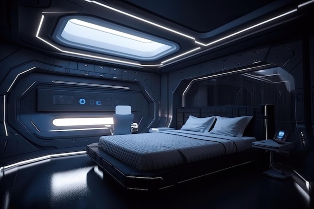 Photo luxury bedroom with view of the starry night sky aboard futuristic spaceship