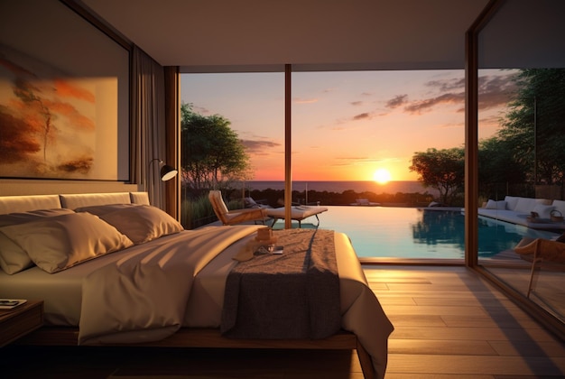 luxury bedroom with views of the pool and sunset in the evening ai generative