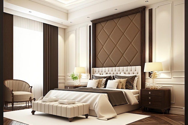 Luxury beige and brown bedroom of a hotel room or home with a large bed in the center White ivory blank wall gray linen bedding Beautiful wooden panels veneer Table and chair modern