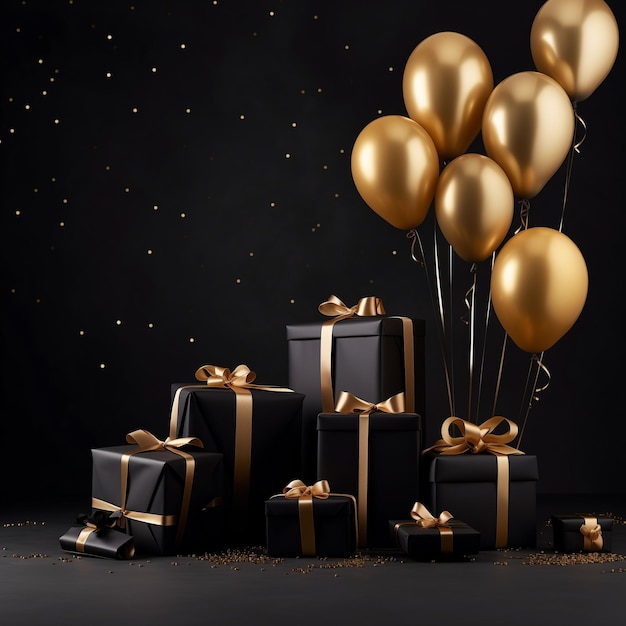 Luxury birthday celebration background with gold balloons and gift boxes