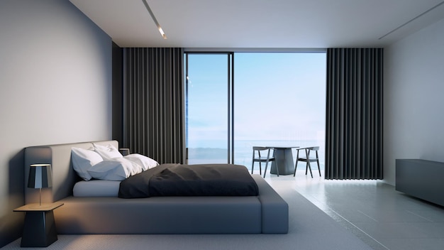 Фото Роскошная черная спальня с видом на море - 3d визуализация
