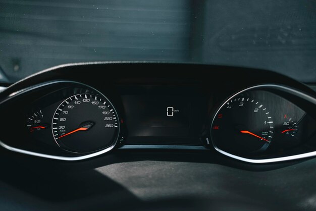 Luxury black car interior, information indicator panel in the
car's interior. details interior.