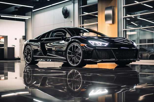 Luxury black car in salon showroom Generative AI