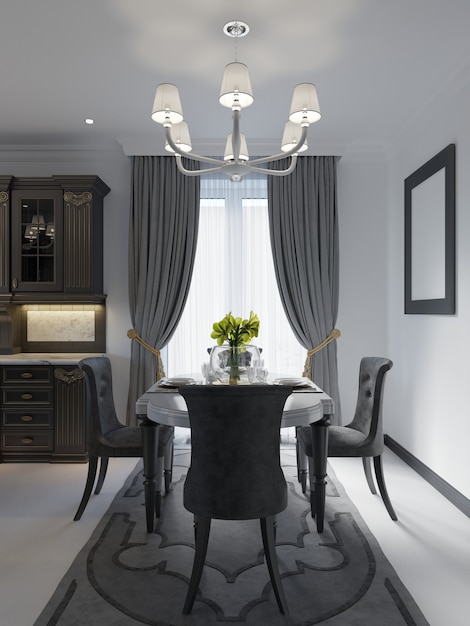 Luxury black dining room with dark furniture, white marble floor and day light, 3d rendering
