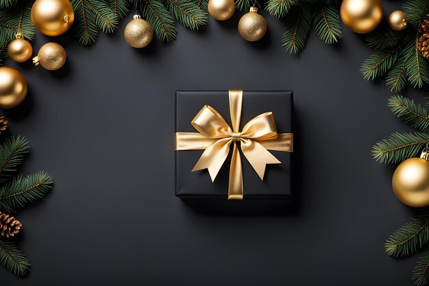 luxury black gift with gold ribbon on festive New Year black background flat lay