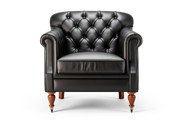 Роскошное черное кожаное кресло с деревянными ножками на белом фоне. Серия мебели.