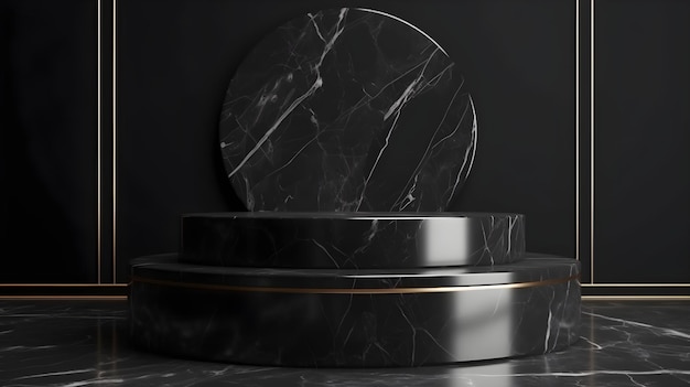 Luxury black marble podium on black background with copyspace
