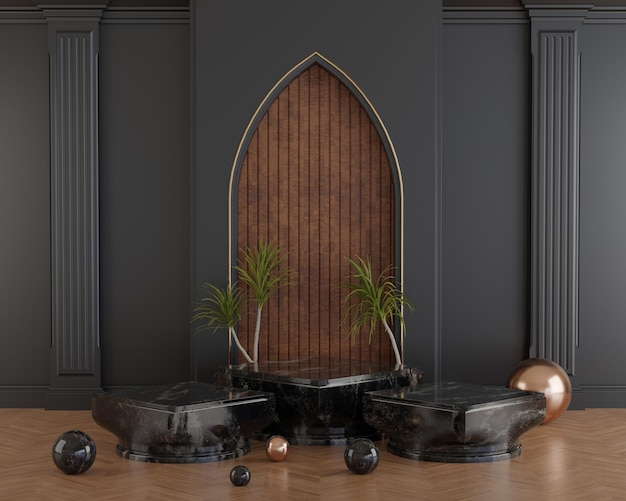 Luxury Black Podium with Black Backdrop wall Panel Decoration