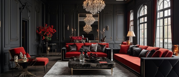 Роскошный черно-красный дизайн интерьера бунгало