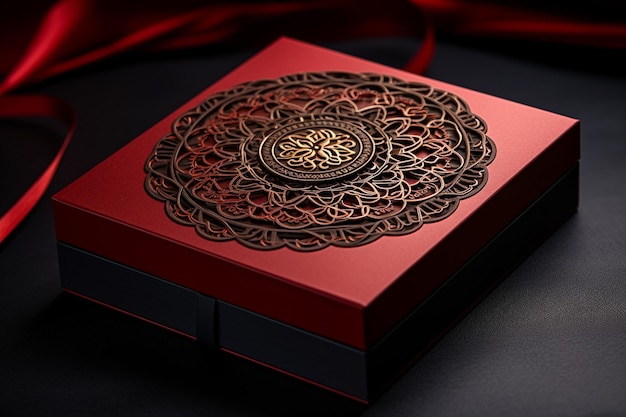 Luxury Black and red Gift Box with Gold Ribbon and Floral Motifs Ai generated