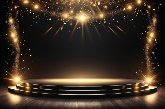 Luxury black stage background with gold light effects decorations and bokeh