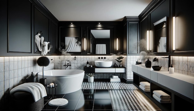 A luxury black and white bathroom interior design the space features a sophisticated contrast