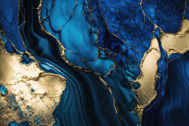 豪華なブルーとメタリックゴールドの大理石の背景 Generative Aix9