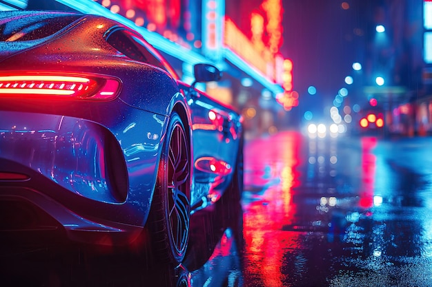 luxury blue modern sports car on street at night in the city with rain Taillight close up