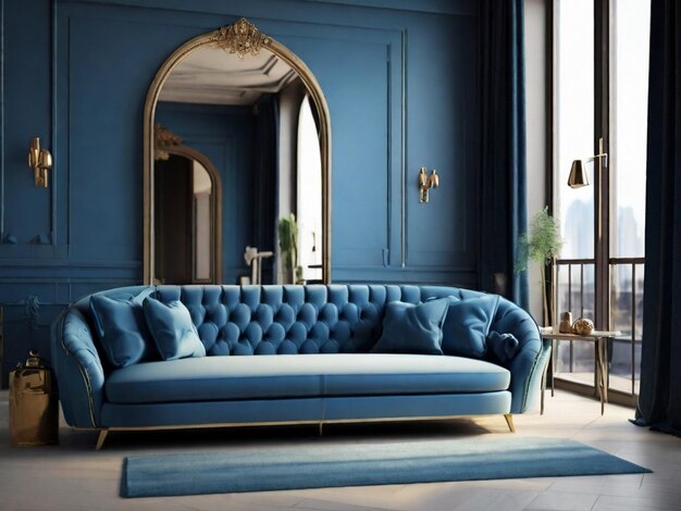 Photo luxury blue sofa by window in modern apartment generated